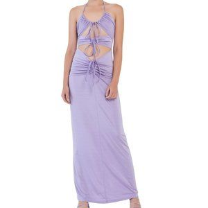 KikiRiki Ruched Front Tie Cutout Halter Maxi Dress Purple Size Small NWT
